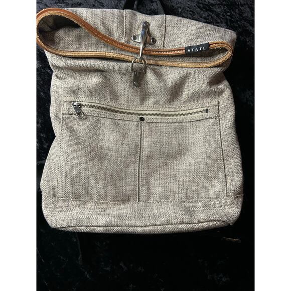 STATE Bags Roll Top Backpack – Gray with Leather Trim Map Print Lining - Picture 1 of 7